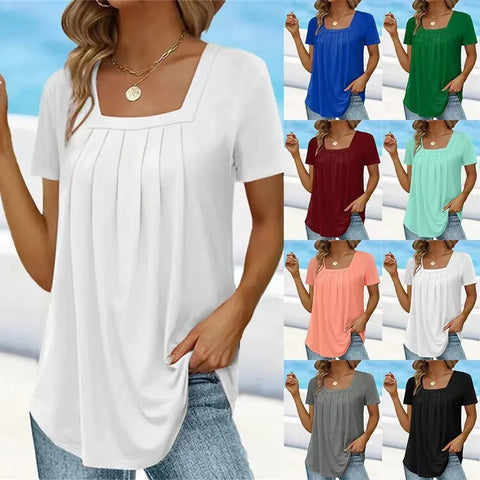 Elegant Women's Top Summer Solid Square Neck Pleated Short Sleeves