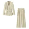 Women's European and American Style Waist-Belt Long-Sleeved Suit Jacket Straight Leg Casual Trousers