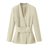 Women's European and American Style Waist-Belt Long-Sleeved Suit Jacket Straight Leg Casual Trousers