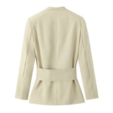 Women's European and American Style Waist-Belt Long-Sleeved Suit Jacket Straight Leg Casual Trousers