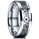 Men's 8mm Width Tungsten Alloy Ring Geometric Pattern Inlaid Black Carbon Fiber Stainless Steel