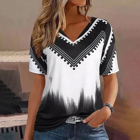 Women's Stripes Print Gradient V Neck Short Sleeve Basic Summer