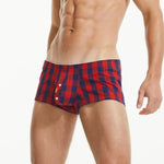 SEOBEAN Men's Plaid Boxer Trunk Buttons Flyer Cotton U Convex Pouch