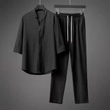 Men's Vintage Linen 2-Piece Set Summer Button Tops Shirt + Pants Outfit