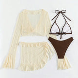 Four-piece Women's Swimsuit Long-sleeve Cover-up Solid Bikini Set