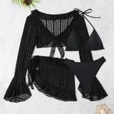 Four-piece Women's Swimsuit Long-sleeve Cover-up Solid Bikini Set