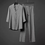 Men's Vintage Linen 2-Piece Set Summer Button Tops Shirt + Pants Outfit