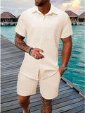 Men's Summer Solid Jacquard Lapel Short-Sleeved Shirt + Drawstring Shorts 2-piece Set