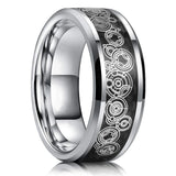 Men's 8mm Width Tungsten Alloy Ring Geometric Pattern Inlaid Black Carbon Fiber Stainless Steel