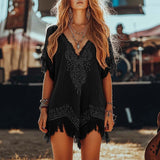 Women's Vintage Printed Loose Floral Printed Short Dress Deep V Neck
