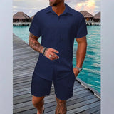 Men's Summer Solid Jacquard Lapel Short-Sleeved Shirt + Drawstring Shorts 2-piece Set