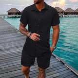 Men's Summer Solid Jacquard Lapel Short-Sleeved Shirt + Drawstring Shorts 2-piece Set
