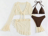 Four-piece Women's Swimsuit Long-sleeve Cover-up Solid Bikini Set
