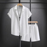 Men's Summer Solid Jacquard Lapel Short-Sleeved Shirt + Drawstring Shorts 2-piece Set