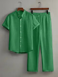 Men's Linen Striped Short-sleeved Shirt and Pants