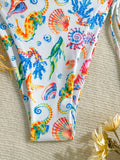 Women's Bikini Swimsuit 2-Piece, Shell and Marine Animal Print, Tie-Up Triangle Top