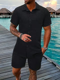 Men's Summer Solid Jacquard Lapel Short-Sleeved Shirt + Drawstring Shorts 2-piece Set