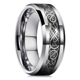Men's 8mm Width Tungsten Alloy Ring Geometric Pattern Inlaid Black Carbon Fiber Stainless Steel