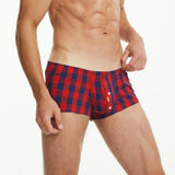 SEOBEAN Men's Plaid Boxer Trunk Buttons Flyer Cotton U Convex Pouch