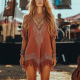 Women's Vintage Printed Loose Floral Printed Short Dress Deep V Neck