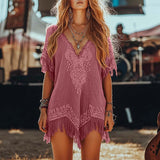 Women's Vintage Printed Loose Floral Printed Short Dress Deep V Neck