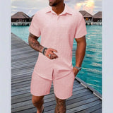 Men's Summer Solid Jacquard Lapel Short-Sleeved Shirt + Drawstring Shorts 2-piece Set