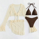 Four-piece Women's Swimsuit Long-sleeve Cover-up Solid Bikini Set