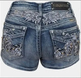Women's Rider Motorcycle Wing Rivet Embroidery Denim Shorts