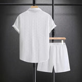 Men's Summer Solid Jacquard Lapel Short-Sleeved Shirt + Drawstring Shorts 2-piece Set