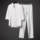 Men's Vintage Linen 2-Piece Set Summer Button Tops Shirt + Pants Outfit