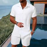 Men's Summer Solid Jacquard Lapel Short-Sleeved Shirt + Drawstring Shorts 2-piece Set