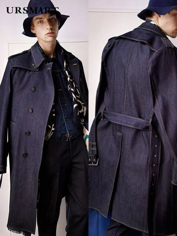 Classic Long Denim Trench Coat Men