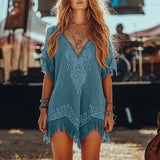 Women's Vintage Printed Loose Floral Printed Short Dress Deep V Neck