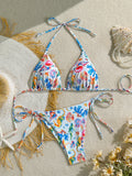 Women's Bikini Swimsuit 2-Piece, Shell and Marine Animal Print, Tie-Up Triangle Top