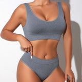Women's Underwear 2 Pcs Set Ribbed Seamless Low Rise Panties And Bras Lingerie